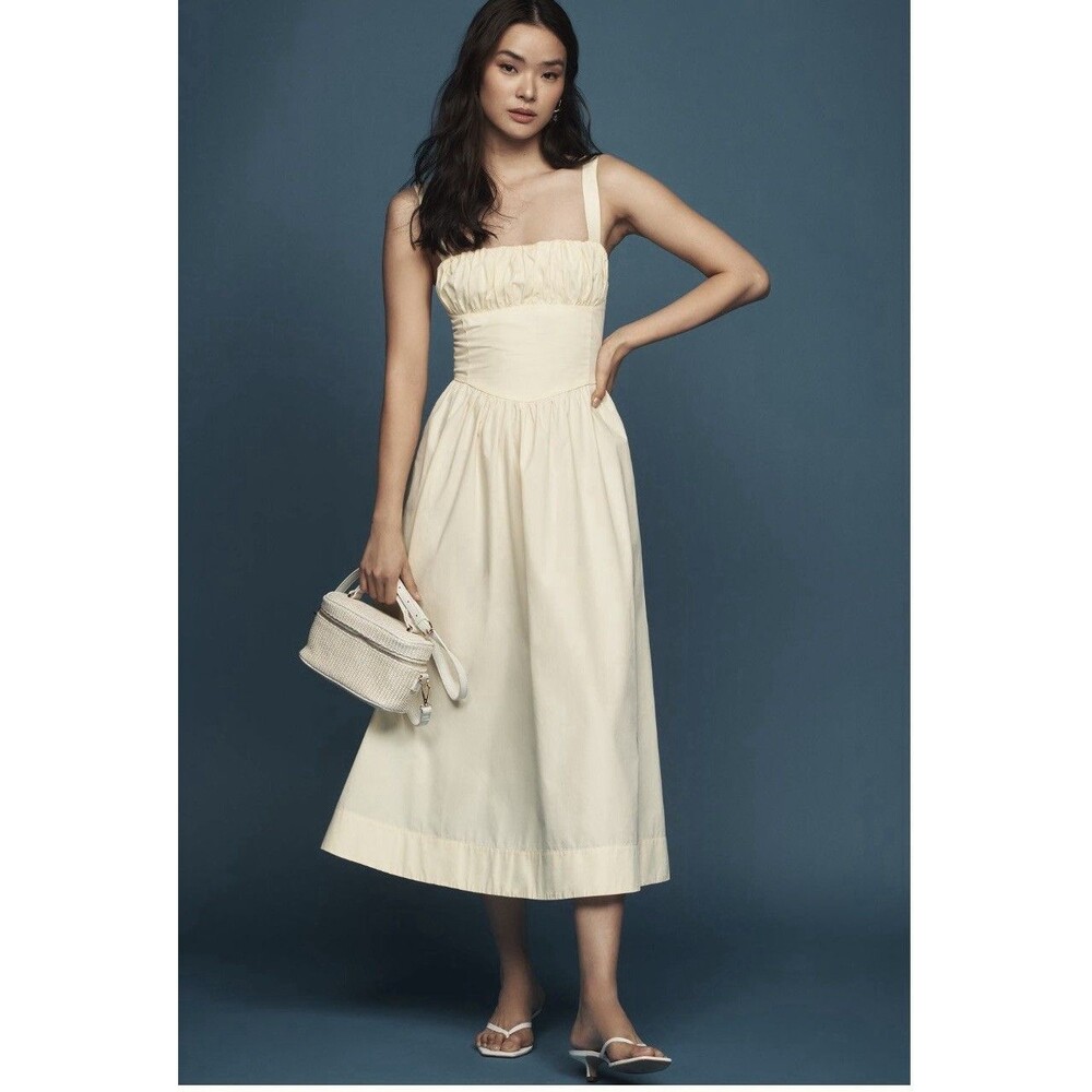 Anthropologie Drop Waist Ruched Midi Dress Sz Sm Yellow